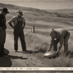 1950-style illustration of a patrolman and an Army officer lifting a small saucer-shaped metal disc in the Horse Heaven Hills