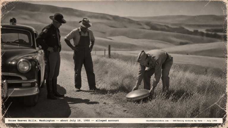 1950-style illustration of a patrolman and an Army officer lifting a small saucer-shaped metal disc in the Horse Heaven Hills