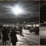 Illustration of a blinding blue-white flash lighting a snowy Anchorage street and the mountains behind it as townspeople look up, November 30, 1950