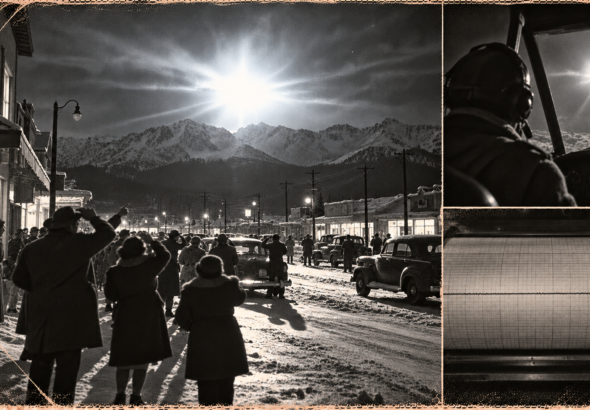Illustration of a blinding blue-white flash lighting a snowy Anchorage street and the mountains behind it as townspeople look up, November 30, 1950