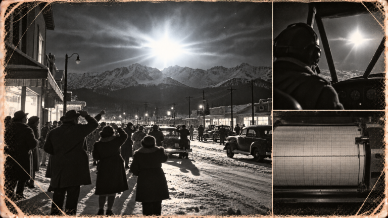 Illustration of a blinding blue-white flash lighting a snowy Anchorage street and the mountains behind it as townspeople look up, November 30, 1950