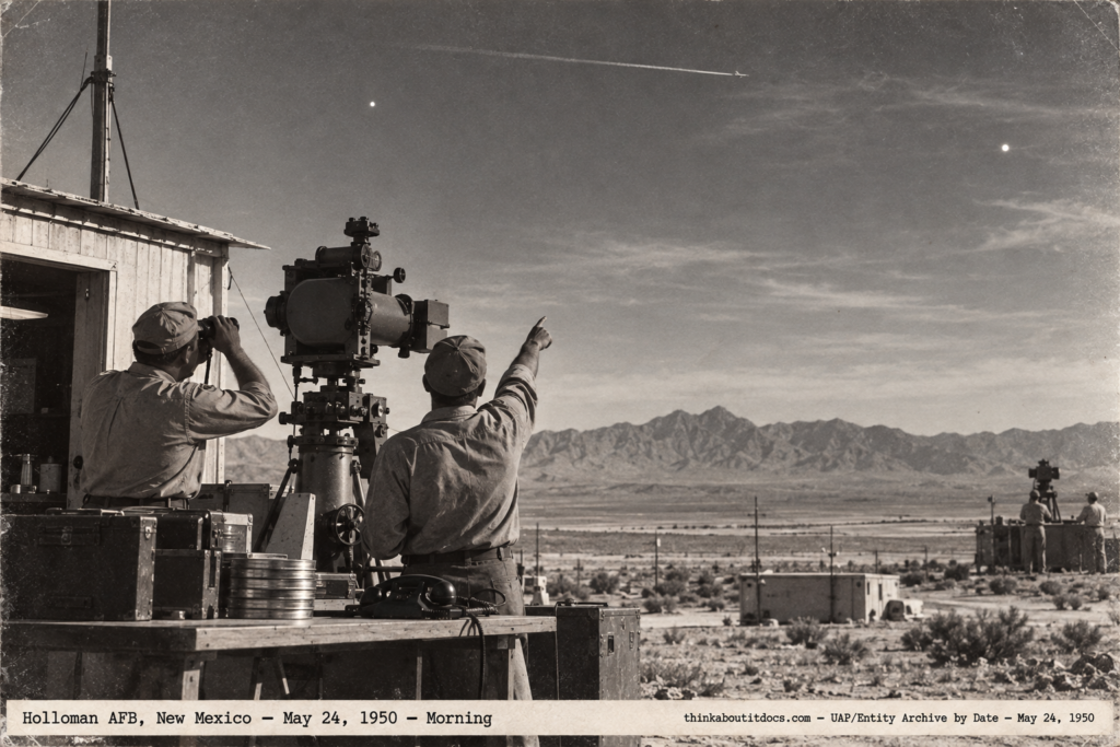 1950-style photo of a cinetheodolite tracking station at Holloman AFB with two bright dots in the sky, May 24, 1950