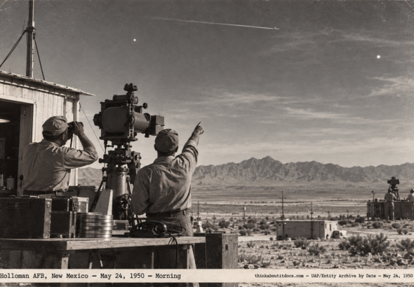 1950-style photo of a cinetheodolite tracking station at Holloman AFB with two bright dots in the sky, May 24, 1950