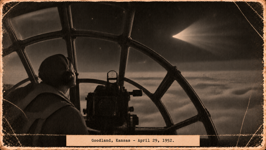 Illustration of a B-29 bombardier watching a pulsing fan-shaped white light pass overhead north of Goodland, Kansas, April 29, 1952