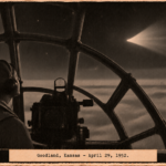 Illustration of a B-29 bombardier watching a pulsing fan-shaped white light pass overhead north of Goodland, Kansas, April 29, 1952