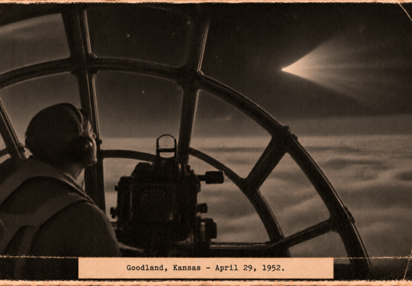 Illustration of a B-29 bombardier watching a pulsing fan-shaped white light pass overhead north of Goodland, Kansas, April 29, 1952