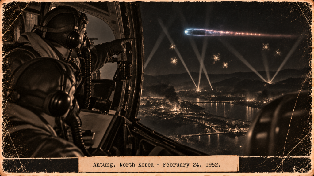 Illustration of a B-29 navigator watching a bluish cylindrical object with a pulsing tail approach in searchlights over Antung, North Korea, February 24, 1952