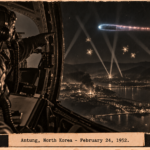 Illustration of a B-29 navigator watching a bluish cylindrical object with a pulsing tail approach in searchlights over Antung, North Korea, February 24, 1952