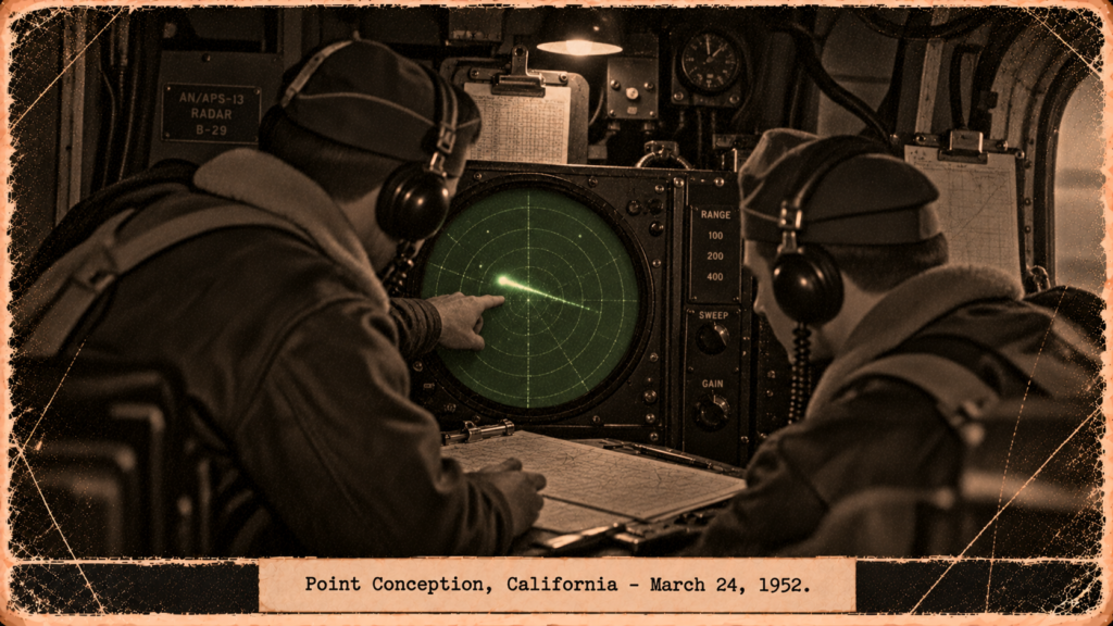 Illustration of two officers in a B-29 radar compartment watching a bright streak cross the scope, March 24, 1952