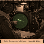 Illustration of two officers in a B-29 radar compartment watching a bright streak cross the scope, March 24, 1952