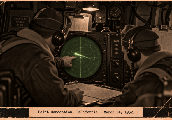 Illustration of two officers in a B-29 radar compartment watching a bright streak cross the scope, March 24, 1952