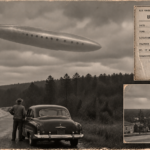 Illustration of a man beside a car on Highway 421 watching a dirigible-shaped craft hover under a low overcast near Bonlee, North Carolina, October 23, 1950