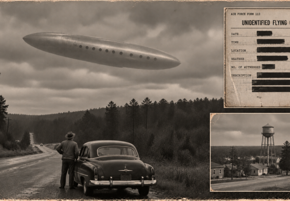 Illustration of a man beside a car on Highway 421 watching a dirigible-shaped craft hover under a low overcast near Bonlee, North Carolina, October 23, 1950