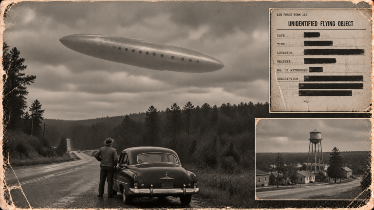Illustration of a man beside a car on Highway 421 watching a dirigible-shaped craft hover under a low overcast near Bonlee, North Carolina, October 23, 1950