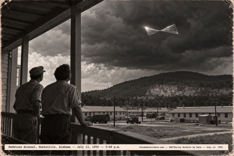 1950-style photo of two men on a porch watching a bright bow-tie shaped aluminum object under a thunderhead at Redstone Arsenal