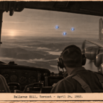 Illustration of a C-124 crew at dawn watching three round blue objects in loose fingertip formation off the wing over Vermont, April 24, 1952