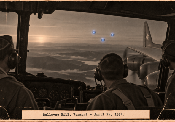 Illustration of a C-124 crew at dawn watching three round blue objects in loose fingertip formation off the wing over Vermont, April 24, 1952