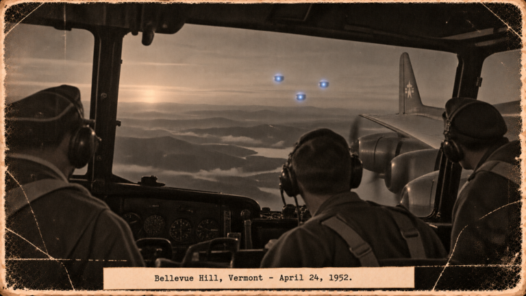 Illustration of a C-124 crew at dawn watching three round blue objects in loose fingertip formation off the wing over Vermont, April 24, 1952