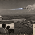Illustration of a Beechcraft Bonanza over Cuban sugar-cane fields as a polished disc with a blue flame passes its wing, October 31, 1950
