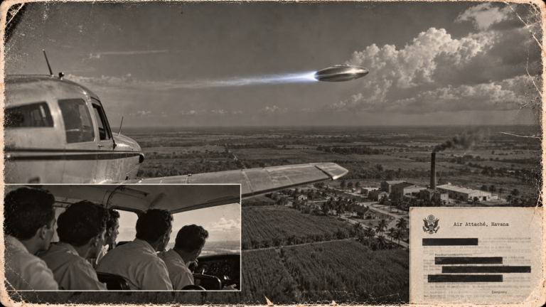 Illustration of a Beechcraft Bonanza over Cuban sugar-cane fields as a polished disc with a blue flame passes its wing, October 31, 1950