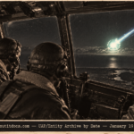 Illustration of a B-29 crew watching a bluish-green fireball fall toward the Gulf horizon near Cedar Keys, Florida, January 19, 1952