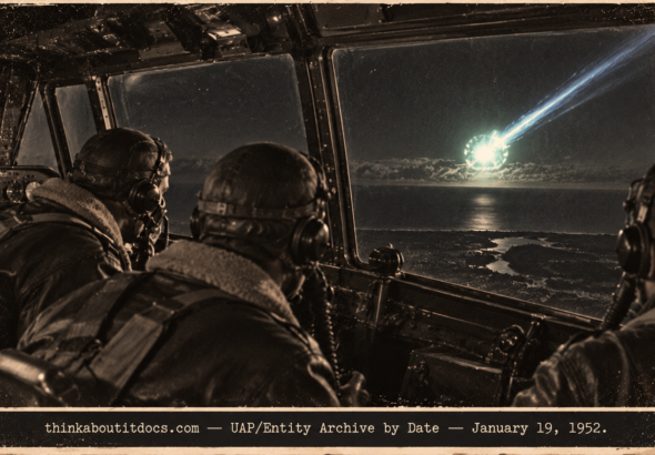 Illustration of a B-29 crew watching a bluish-green fireball fall toward the Gulf horizon near Cedar Keys, Florida, January 19, 1952