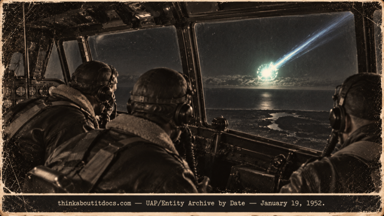 Illustration of a B-29 crew watching a bluish-green fireball fall toward the Gulf horizon near Cedar Keys, Florida, January 19, 1952