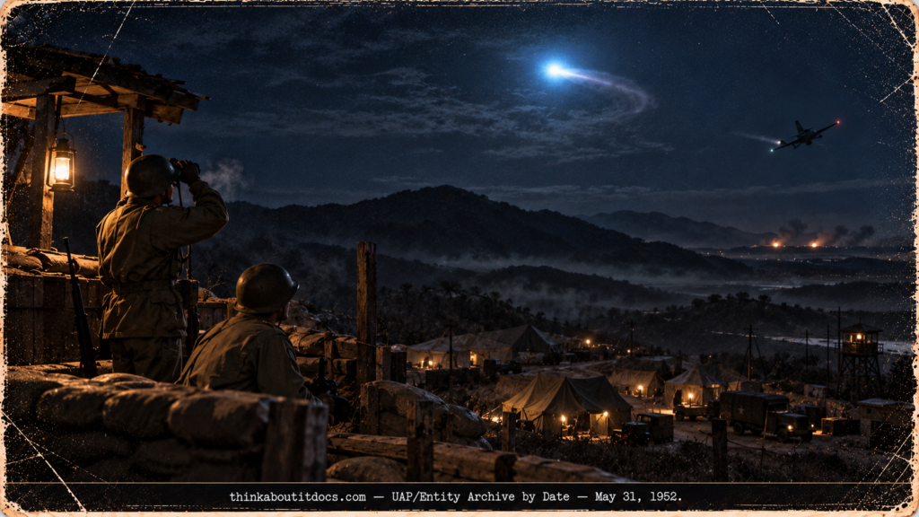 A Korean War guard at a mountain post watching a bright blue-white light maneuver above a camp while an F-94 night fighter banks in the distance in 1952.