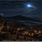 A Korean War guard at a mountain post watching a bright blue-white light maneuver above a camp while an F-94 night fighter banks in the distance in 1952.