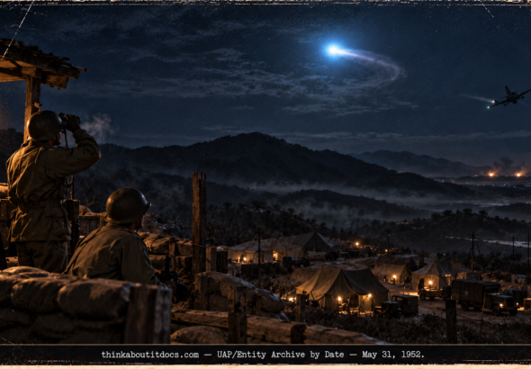 A Korean War guard at a mountain post watching a bright blue-white light maneuver above a camp while an F-94 night fighter banks in the distance in 1952.