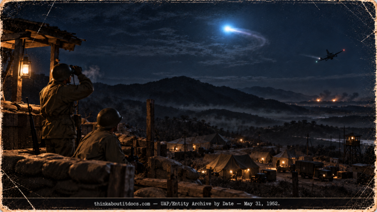 A Korean War guard at a mountain post watching a bright blue-white light maneuver above a camp while an F-94 night fighter banks in the distance in 1952.