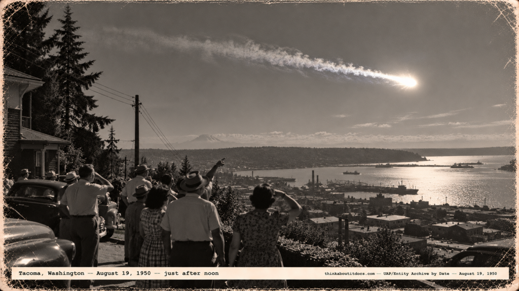 1950-style photo of people on a hillside watching a bright ball of fire streak across the daytime sky over Puget Sound