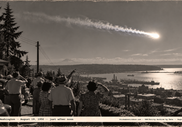 1950-style photo of people on a hillside watching a bright ball of fire streak across the daytime sky over Puget Sound