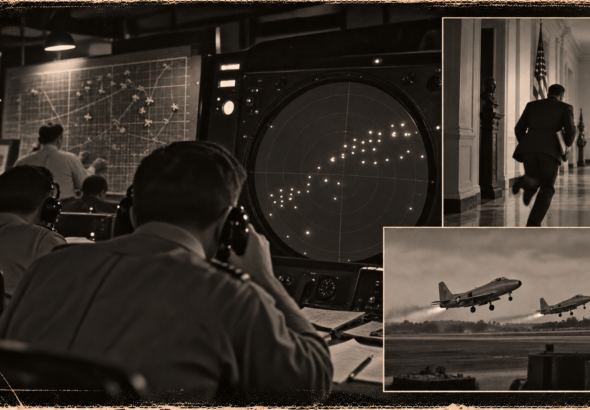 Illustration of an air defense radar scope showing about forty targets in formation while a controller picks up a telephone, December 6, 1950