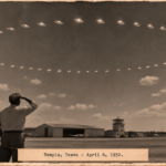 Illustration of a man watching a circular formation of discs tilting in unison over Temple, Texas, April 6, 1952