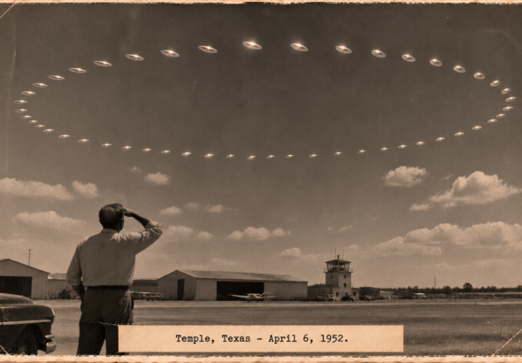 Illustration of a man watching a circular formation of discs tilting in unison over Temple, Texas, April 6, 1952