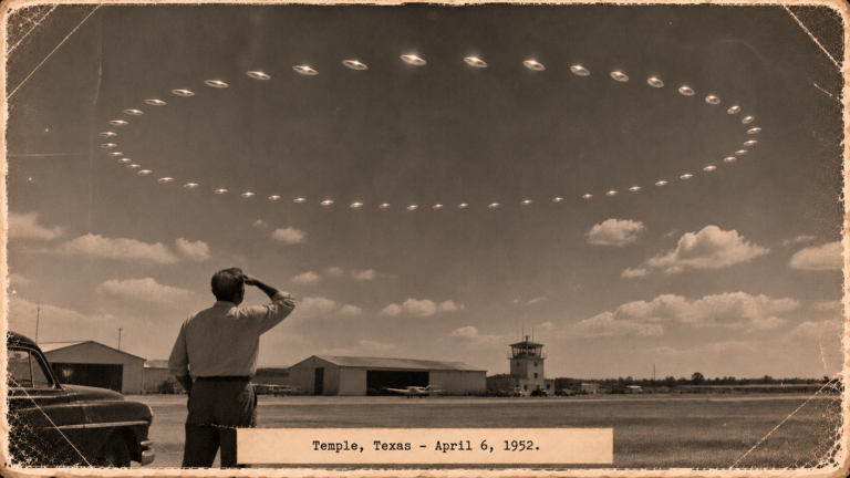 Illustration of a man watching a circular formation of discs tilting in unison over Temple, Texas, April 6, 1952