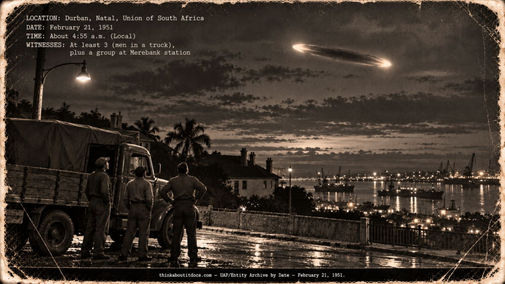A torpedo-shaped red light in the pre-dawn sky over a Durban street as three men beside a lorry look up, February 1951.