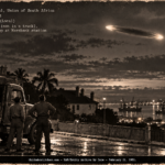 A torpedo-shaped red light in the pre-dawn sky over a Durban street as three men beside a lorry look up, February 1951.