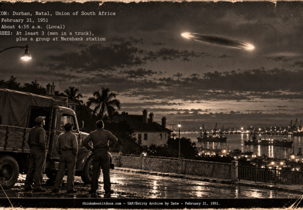 A torpedo-shaped red light in the pre-dawn sky over a Durban street as three men beside a lorry look up, February 1951.