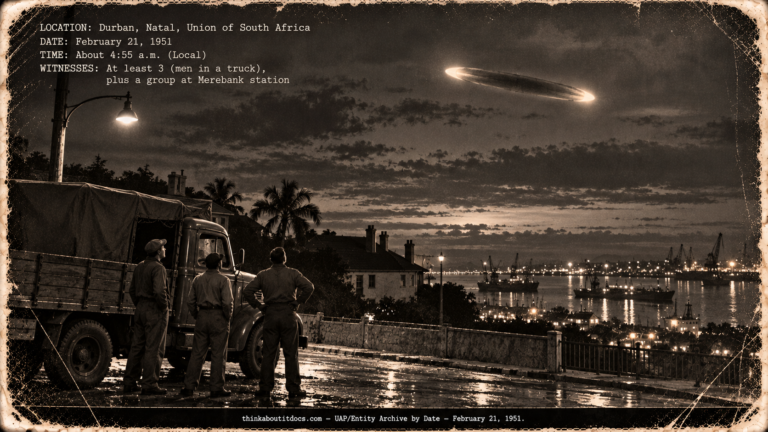 A torpedo-shaped red light in the pre-dawn sky over a Durban street as three men beside a lorry look up, February 1951.