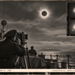 1950-style photo of a Coast Guard sailor photographing a total solar eclipse from a ship deck near Adak, Alaska