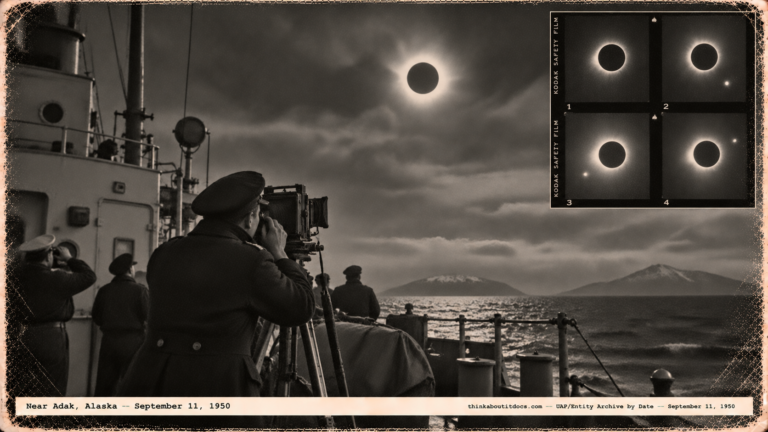 1950-style photo of a Coast Guard sailor photographing a total solar eclipse from a ship deck near Adak, Alaska