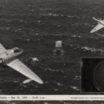 1950-style photo of two F-80 jets circling a small box-kite-shaped object over the Pacific east of Honshu, Japan