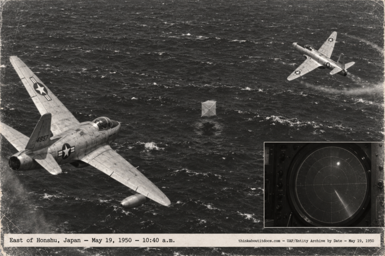 1950-style photo of two F-80 jets circling a small box-kite-shaped object over the Pacific east of Honshu, Japan