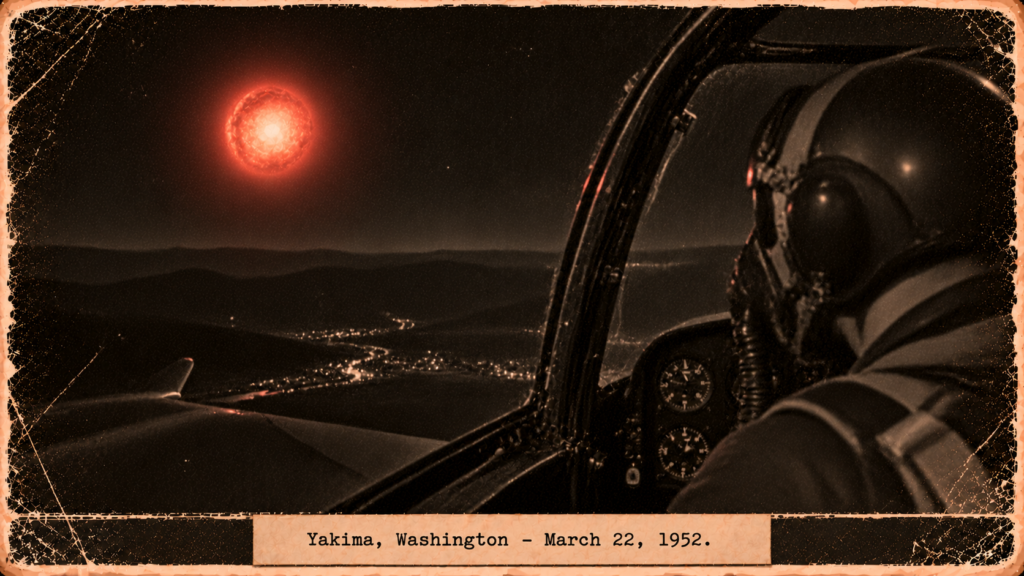Illustration of an F-94 pilot looking at a large glowing red ball of fire near Yakima, Washington, March 22, 1952