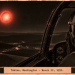 Illustration of an F-94 pilot looking at a large glowing red ball of fire near Yakima, Washington, March 22, 1952