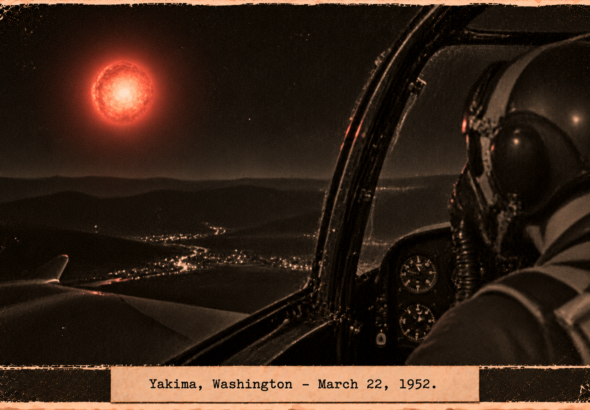 Illustration of an F-94 pilot looking at a large glowing red ball of fire near Yakima, Washington, March 22, 1952