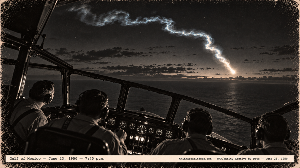 1950-style photo of a weather-recon aircraft crew watching a spiral fireball with a bluish trail over the Gulf of Mexico