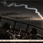 1950-style photo of a weather-recon aircraft crew watching a spiral fireball with a bluish trail over the Gulf of Mexico